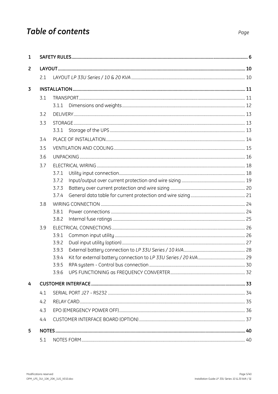 GE Industrial Solutions LP 33U Series 10 & 20 kVA Installation Guide User Manual | Page 5 / 40