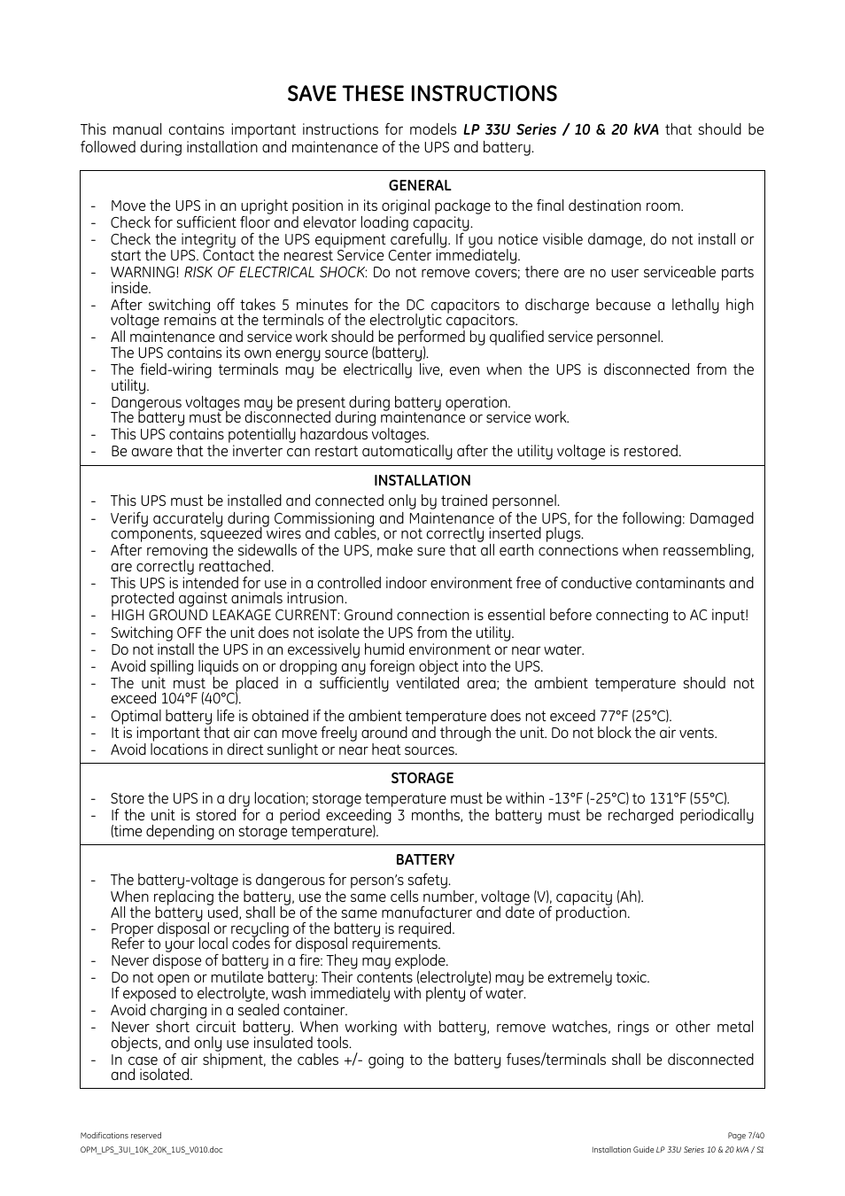 Save these instructions | GE Industrial Solutions LP 33U Series 10 & 20 kVA Installation Guide User Manual | Page 7 / 40