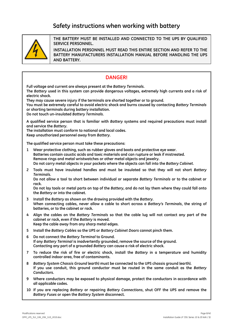 Safety instructions when working with battery, Danger | GE Industrial Solutions LP 33U Series 10 & 20 kVA Installation Guide User Manual | Page 8 / 40