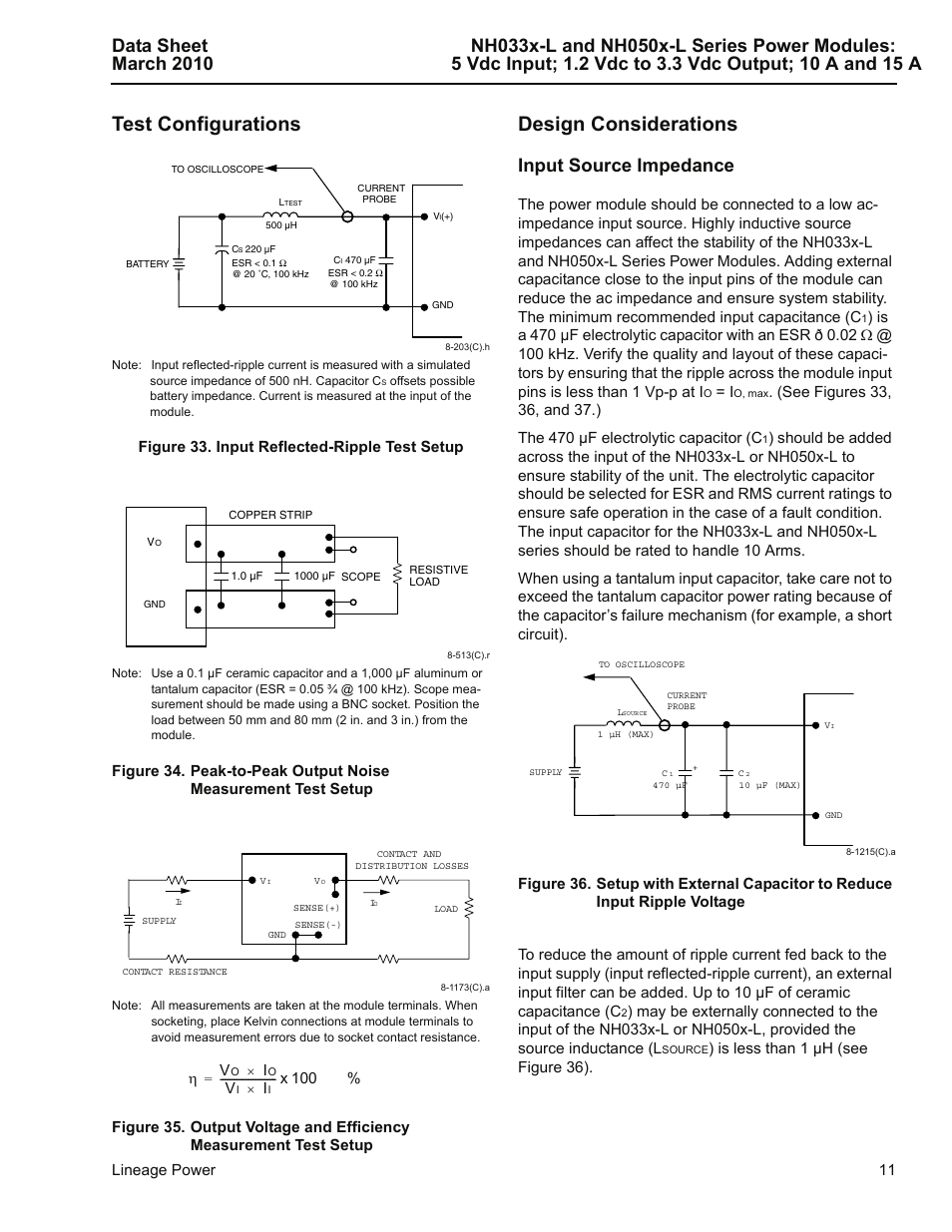 Test configurations, Figure 33. input reflected-ripple test setup, Design considerations | Input source impedance, Lineage power 11, Is less than 1 µh (see figure 36), X 100 | GE Industrial Solutions NH050x-L Series User Manual | Page 11 / 20
