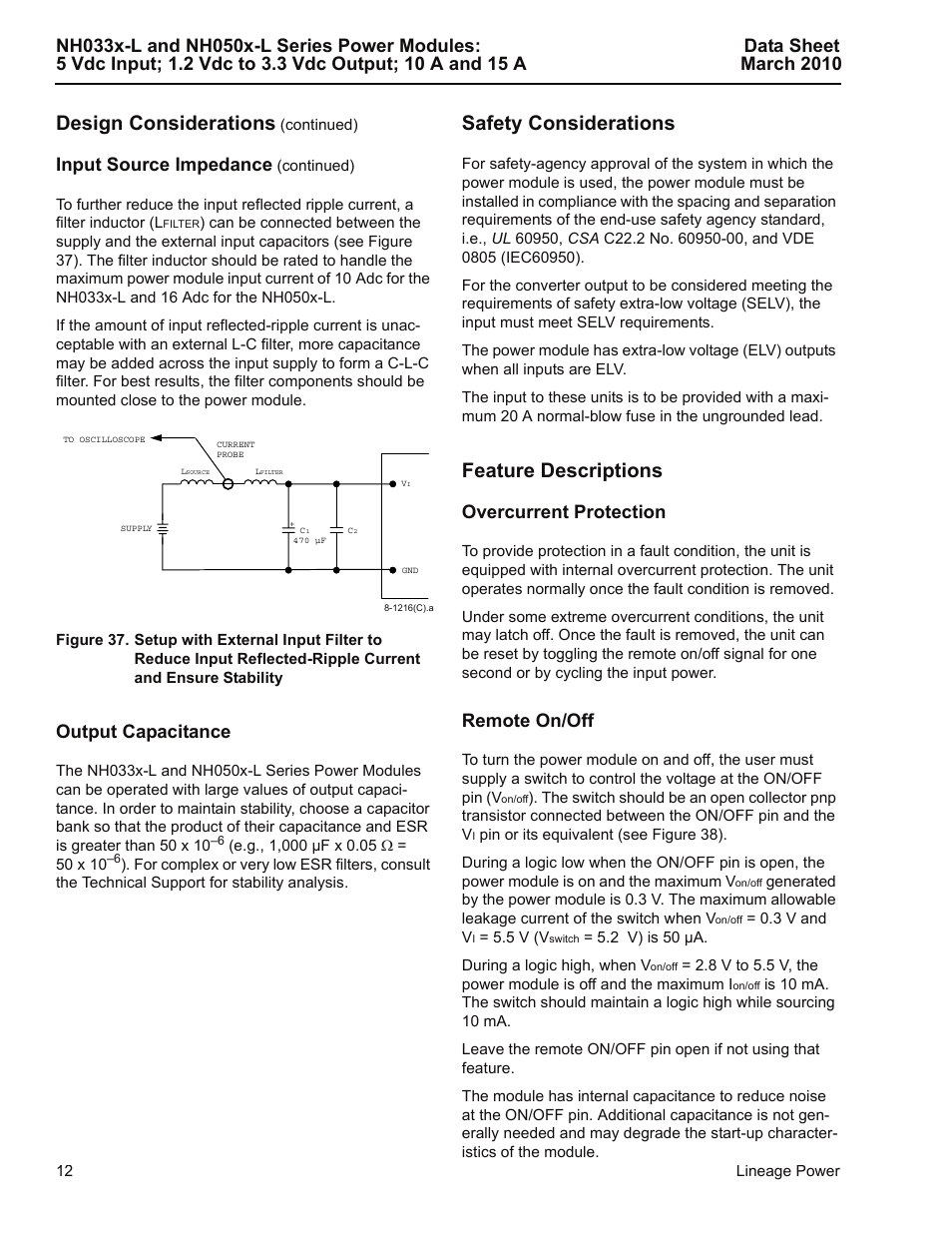 Input source impedance (continued), Output capacitance, Safety considerations | Feature descriptions, Overcurrent protection, Remote on/off, Nd 37.), Design considerations, Input source impedance | GE Industrial Solutions NH050x-L Series User Manual | Page 12 / 20