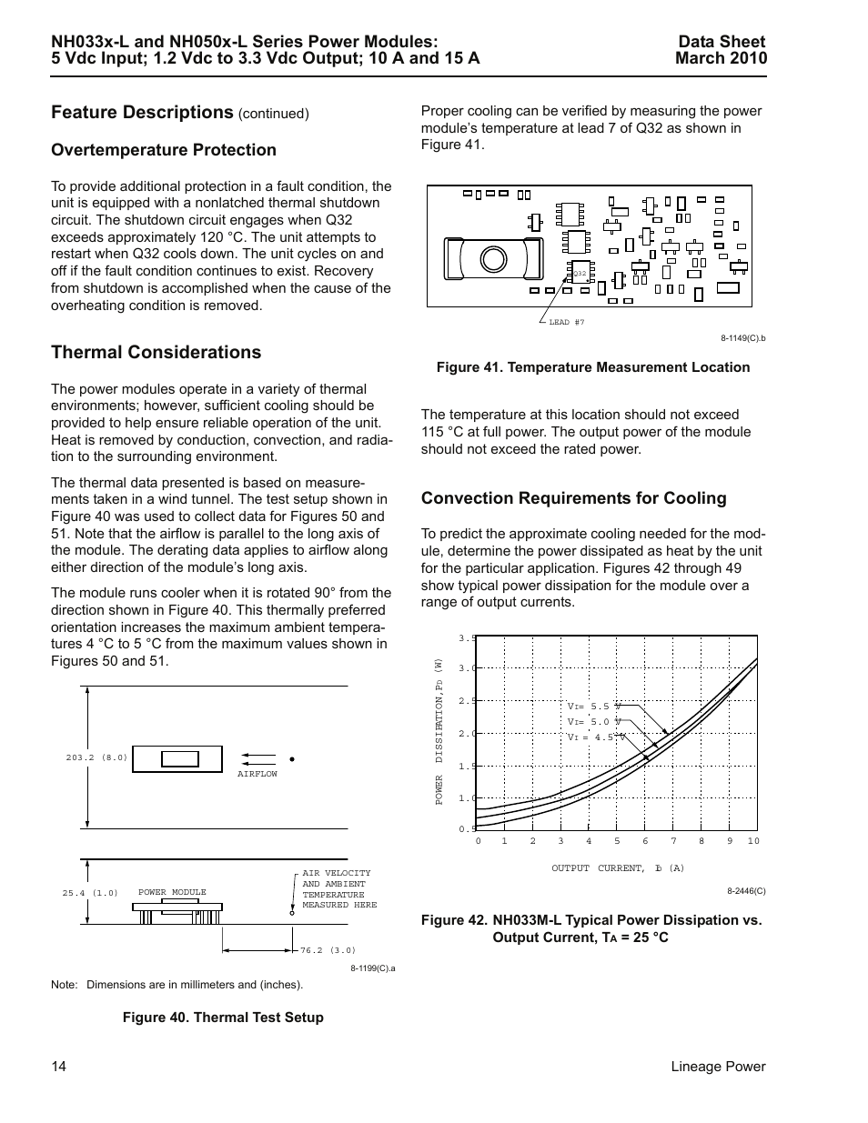 Overtemperature protection, Thermal considerations, Figure 40. thermal test setup | Figure 41. temperature measurement location, Convection requirements for cooling, Feature descriptions | GE Industrial Solutions NH050x-L Series User Manual | Page 14 / 20