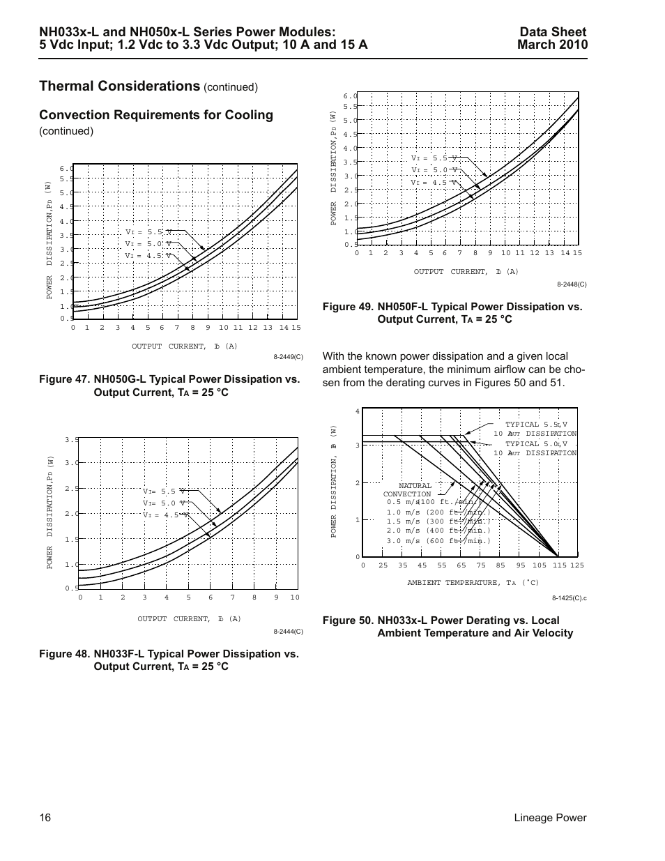 Convection requirements for cooling (continued), S 50 and, S 50 an | Gh 49, Thermal considerations, Convection requirements for cooling, 16 lineage power, Continued), 25 °c | GE Industrial Solutions NH050x-L Series User Manual | Page 16 / 20