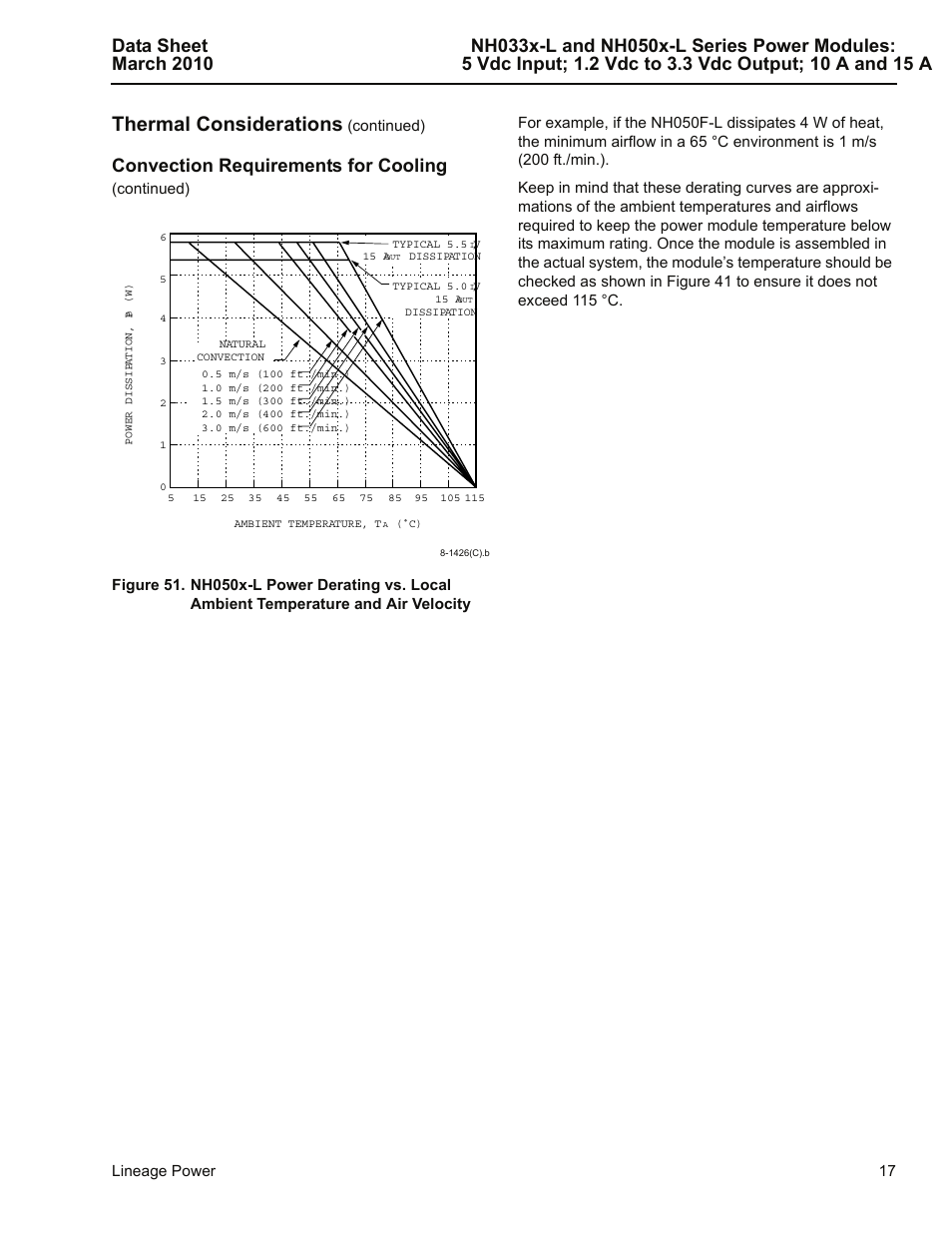 Convection requirements for cooling (continued), Note that, D 51 | Thermal considerations, Convection requirements for cooling | GE Industrial Solutions NH050x-L Series User Manual | Page 17 / 20