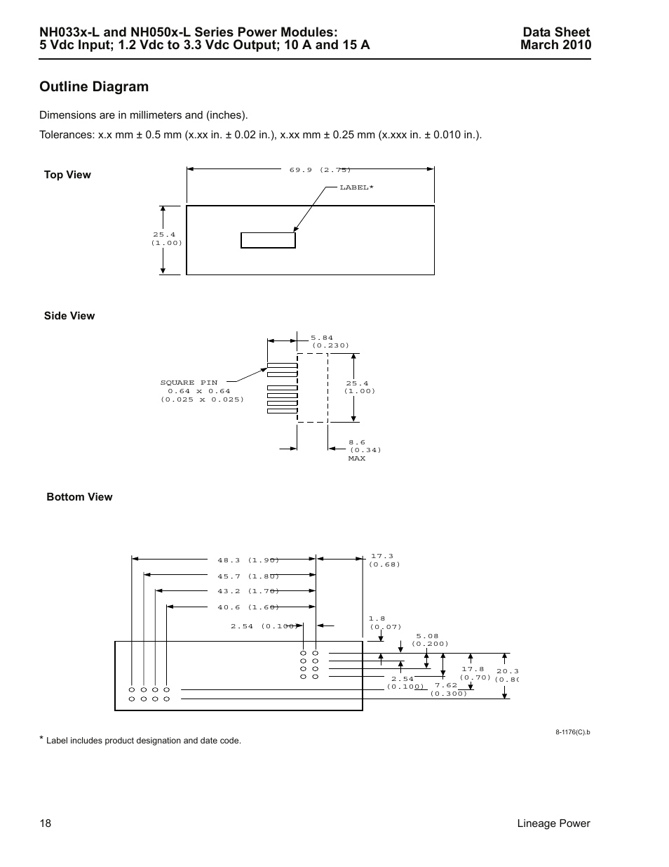 Outline diagram | GE Industrial Solutions NH050x-L Series User Manual | Page 18 / 20