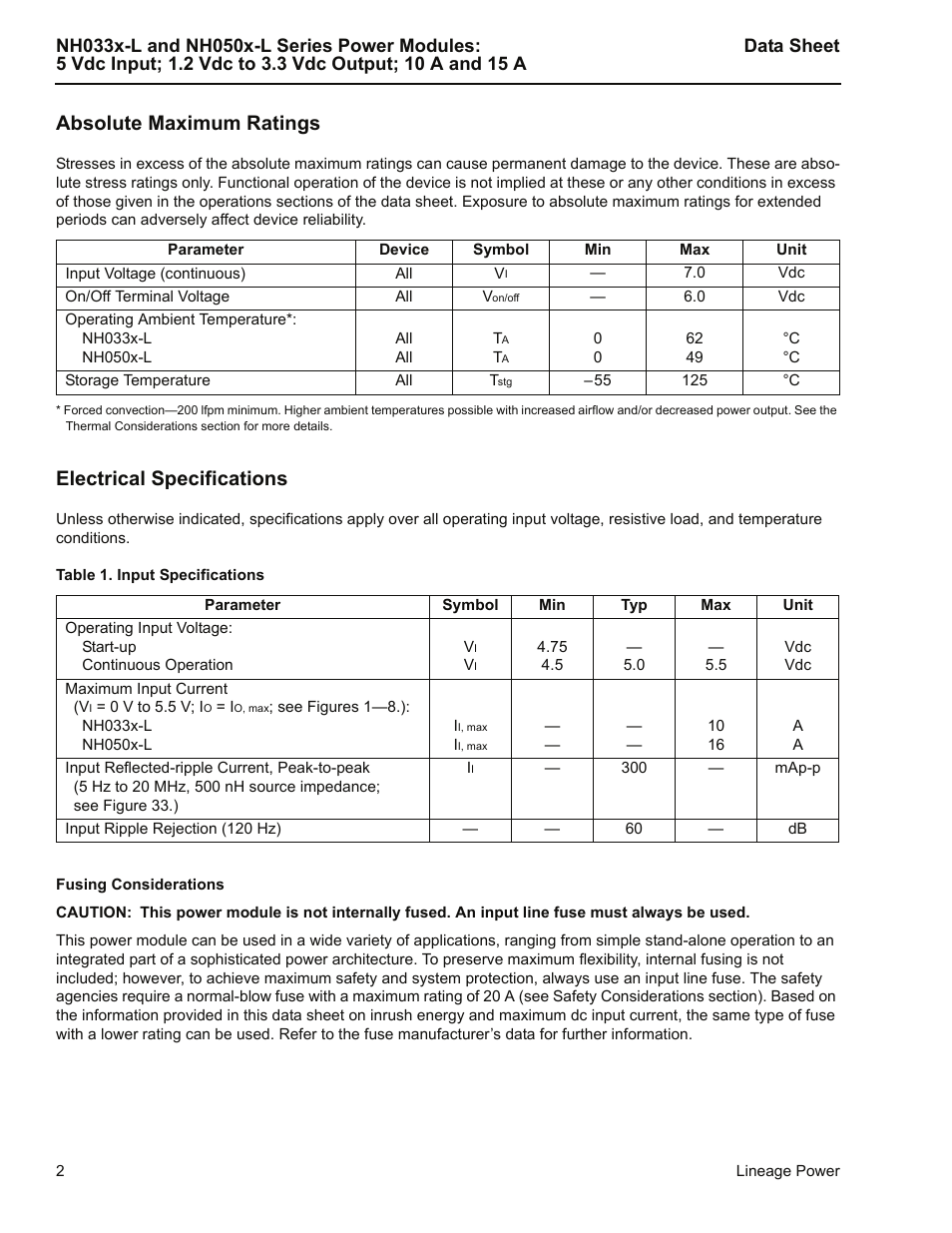 Absolute maximum ratings, Electrical specifications, Table 1. input specifications | Fusing considerations | GE Industrial Solutions NH050x-L Series User Manual | Page 2 / 20