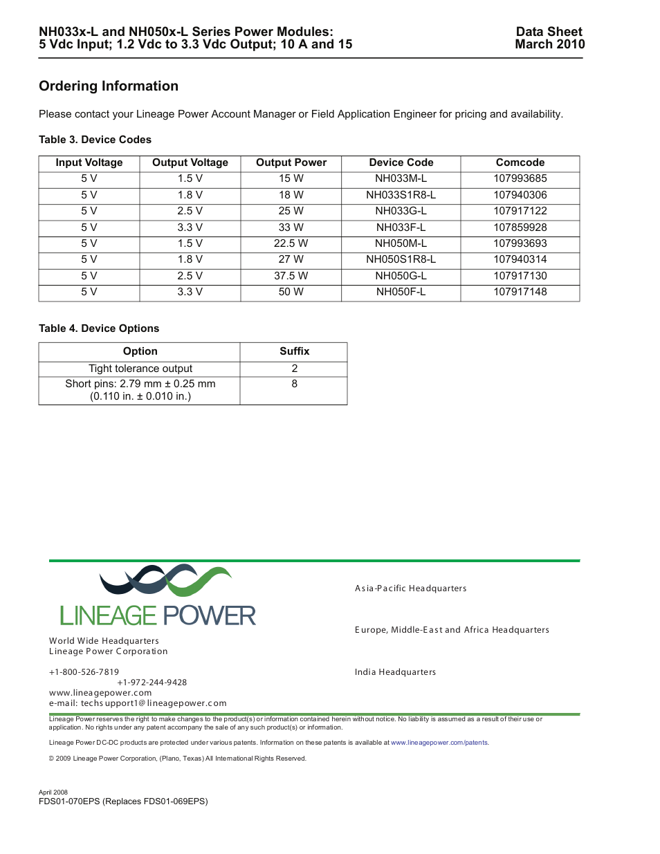 Ordering information, Table 3. device codes, Table 4. device options | GE Industrial Solutions NH050x-L Series User Manual | Page 20 / 20