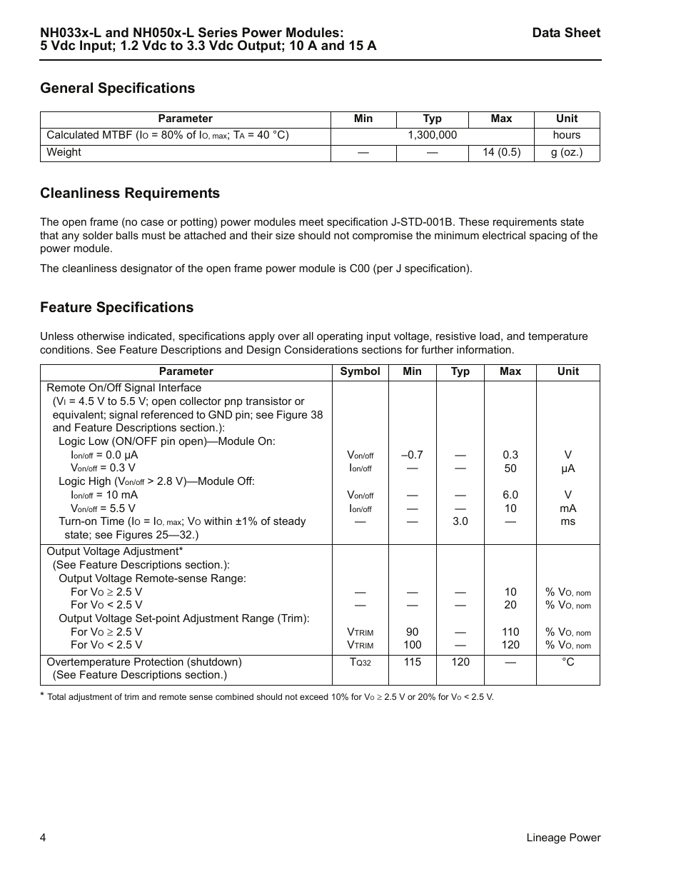 General specifications, Cleanliness requirements, Feature specifications | General specifications cleanliness requirements | GE Industrial Solutions NH050x-L Series User Manual | Page 4 / 20