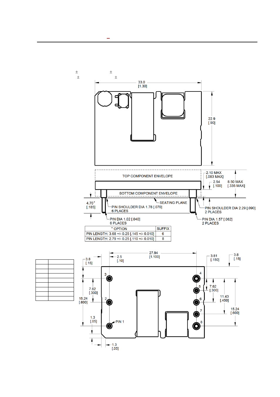 Mechanical outline for through-hole module, Top view, Side view | Bottom view | GE Industrial Solutions KW010-015-020-025 (Sixteenth-Brick) User Manual | Page 19 / 22