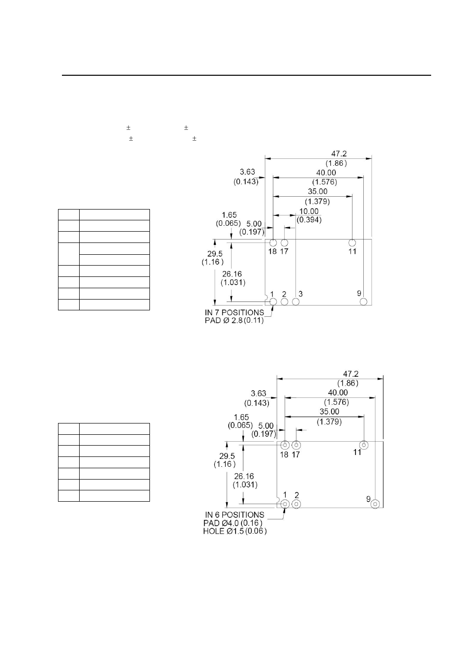 Surface mount pad layout – component side view, Through-hole pad layout – component side view | GE Industrial Solutions HW-HC004-005-006 Series User Manual | Page 22 / 28