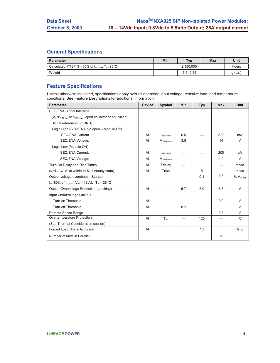 General specifications, Feature specifications, Naos | GE Industrial Solutions NaOS NXA025 SIP User Manual | Page 4 / 16
