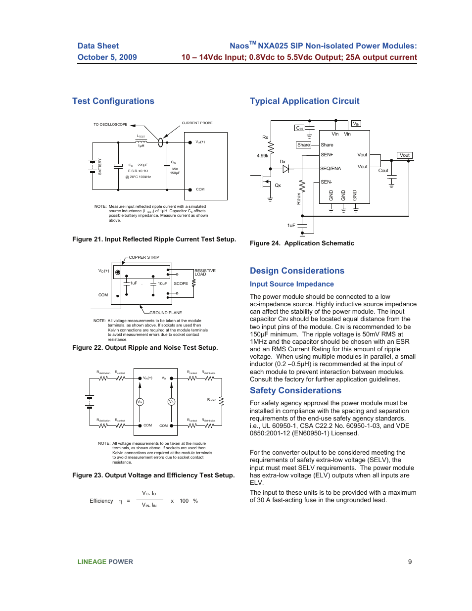 Test configurations, Typical application circuit, Design considerations | Safety considerations, Naos, Input source impedance, Lineage power 9, Figure 22. output ripple and noise test setup, Figure 24. application schematic | GE Industrial Solutions NaOS NXA025 SIP User Manual | Page 9 / 16