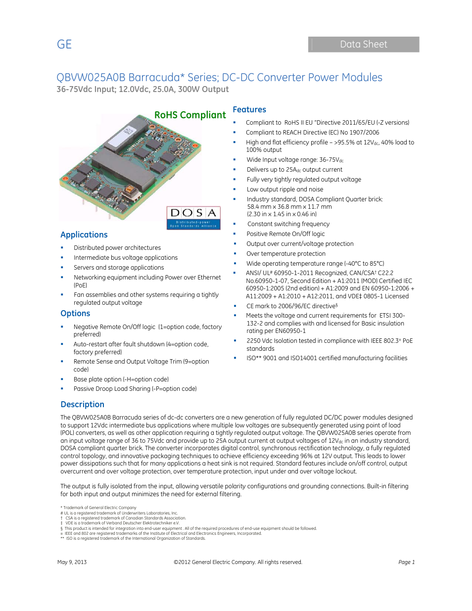 GE Industrial Solutions QBVW025A0B Barracuda Series User Manual | 19 pages