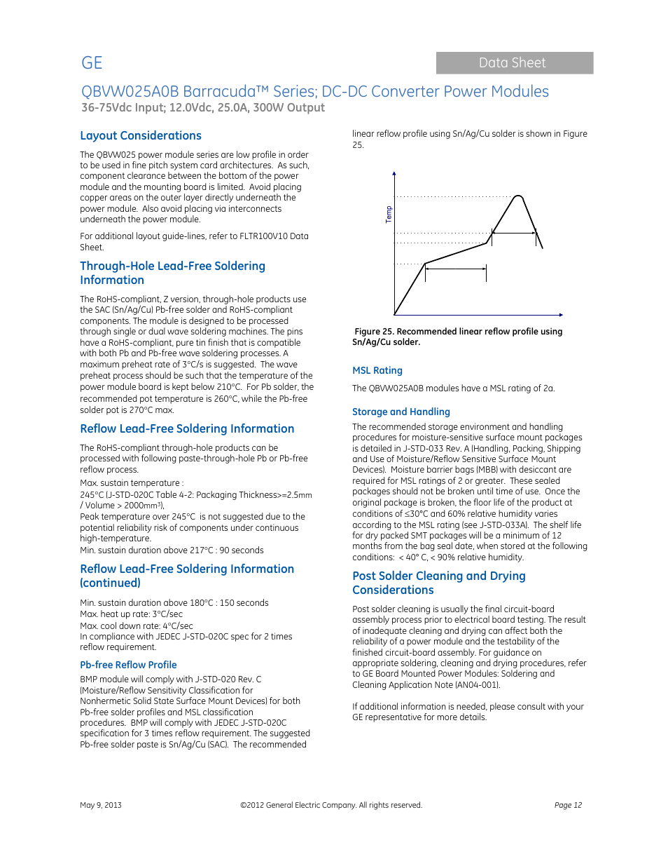 Data sheet, Layout considerations, Through-hole lead-free soldering information | Reflow lead-free soldering information, Reflow lead-free soldering information (continued), Post solder cleaning and drying considerations | GE Industrial Solutions QBVW025A0B Barracuda Series User Manual | Page 12 / 19
