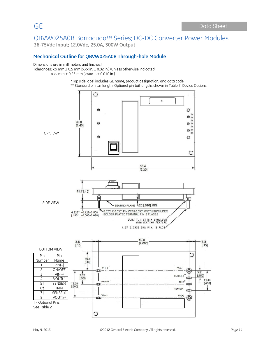 Data sheet | GE Industrial Solutions QBVW025A0B Barracuda Series User Manual | Page 14 / 19