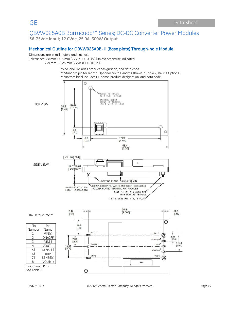 Data sheet | GE Industrial Solutions QBVW025A0B Barracuda Series User Manual | Page 15 / 19