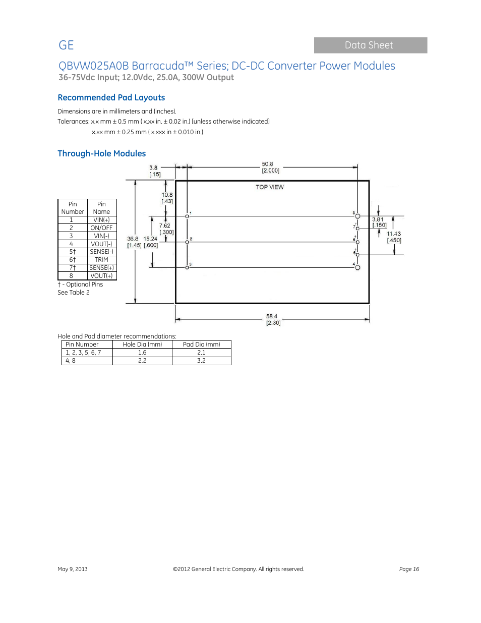 Data sheet | GE Industrial Solutions QBVW025A0B Barracuda Series User Manual | Page 16 / 19