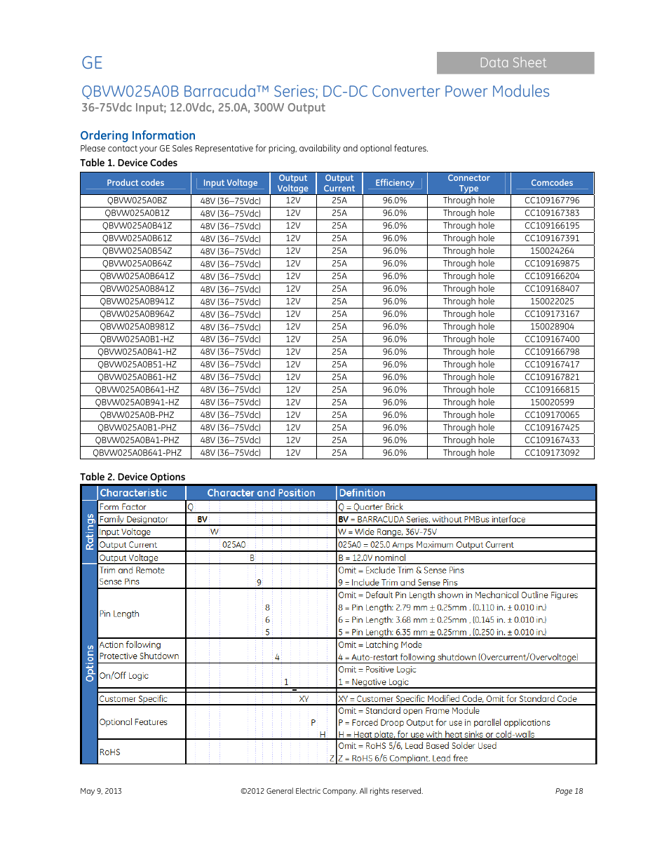 Data sheet, Ordering information | GE Industrial Solutions QBVW025A0B Barracuda Series User Manual | Page 18 / 19