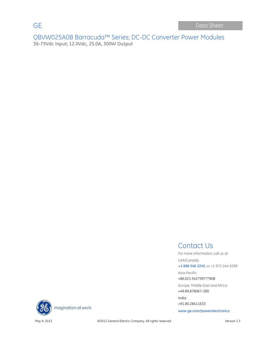 Contact us, Data sheet | GE Industrial Solutions QBVW025A0B Barracuda Series User Manual | Page 19 / 19