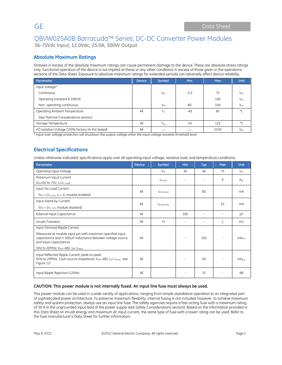 Data sheet, Absolute maximum ratings, Electrical specifications | GE Industrial Solutions QBVW025A0B Barracuda Series User Manual | Page 2 / 19