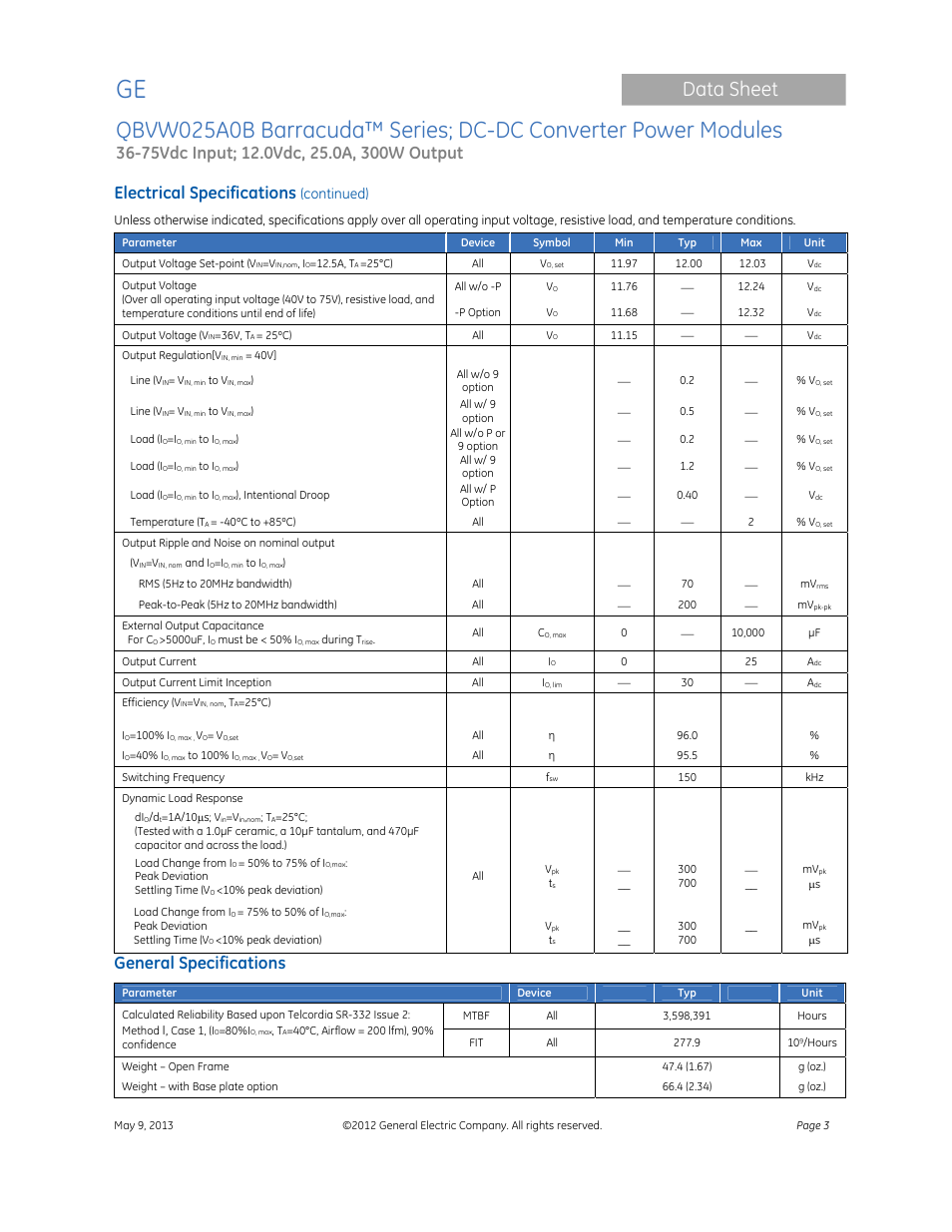 Data sheet, Electrical specifications, General specifications | Continued) | GE Industrial Solutions QBVW025A0B Barracuda Series User Manual | Page 3 / 19