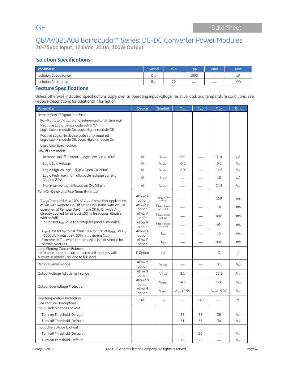Data sheet, Isolation specifications, Feature specifications | GE Industrial Solutions QBVW025A0B Barracuda Series User Manual | Page 4 / 19
