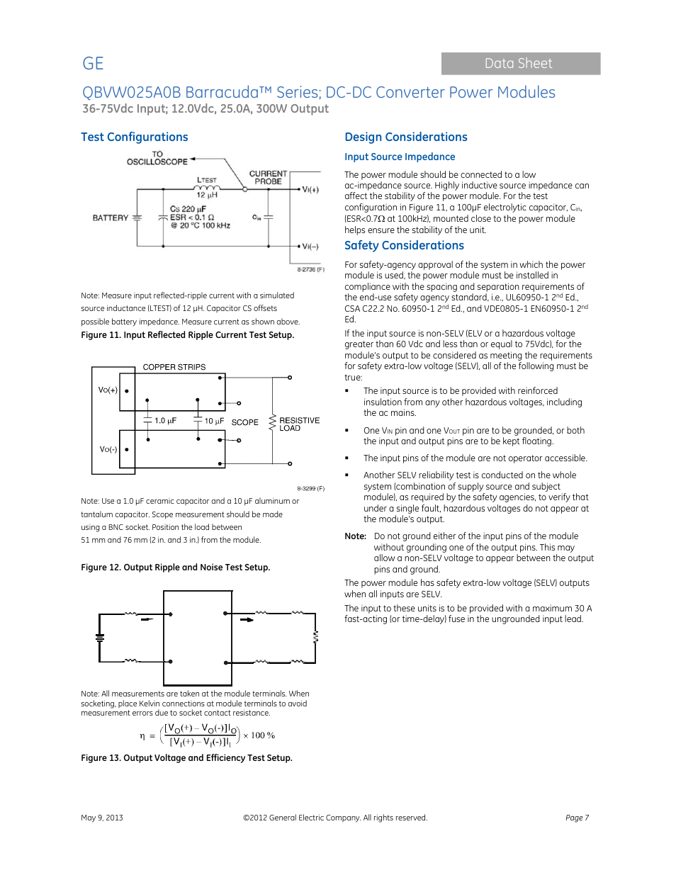 Data sheet, Test configurations, Design considerations | Safety considerations | GE Industrial Solutions QBVW025A0B Barracuda Series User Manual | Page 7 / 19