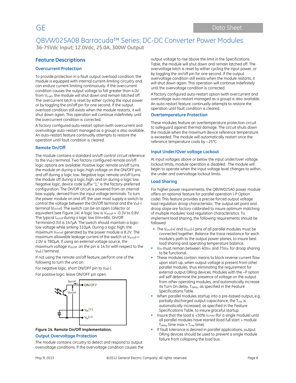 Data sheet, Feature descriptions | GE Industrial Solutions QBVW025A0B Barracuda Series User Manual | Page 8 / 19