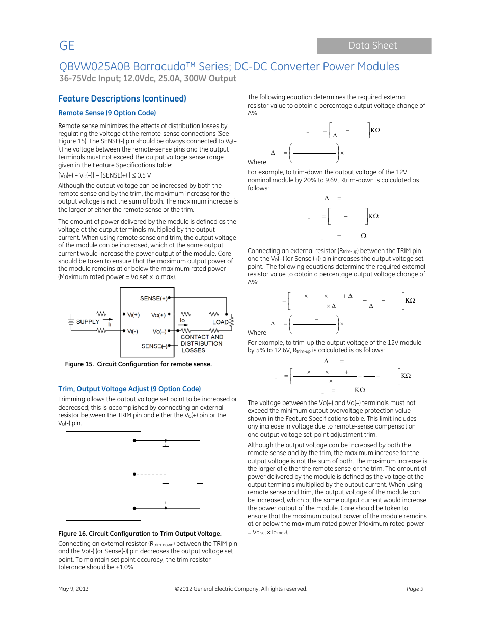 Data sheet, Feature descriptions (continued) | GE Industrial Solutions QBVW025A0B Barracuda Series User Manual | Page 9 / 19