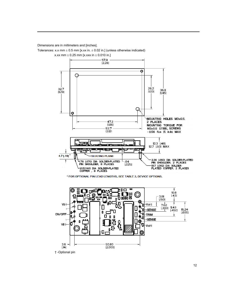 Mechanical outline for module with base plate | GE Industrial Solutions QPW025A0F41_H User Manual | Page 12 / 14
