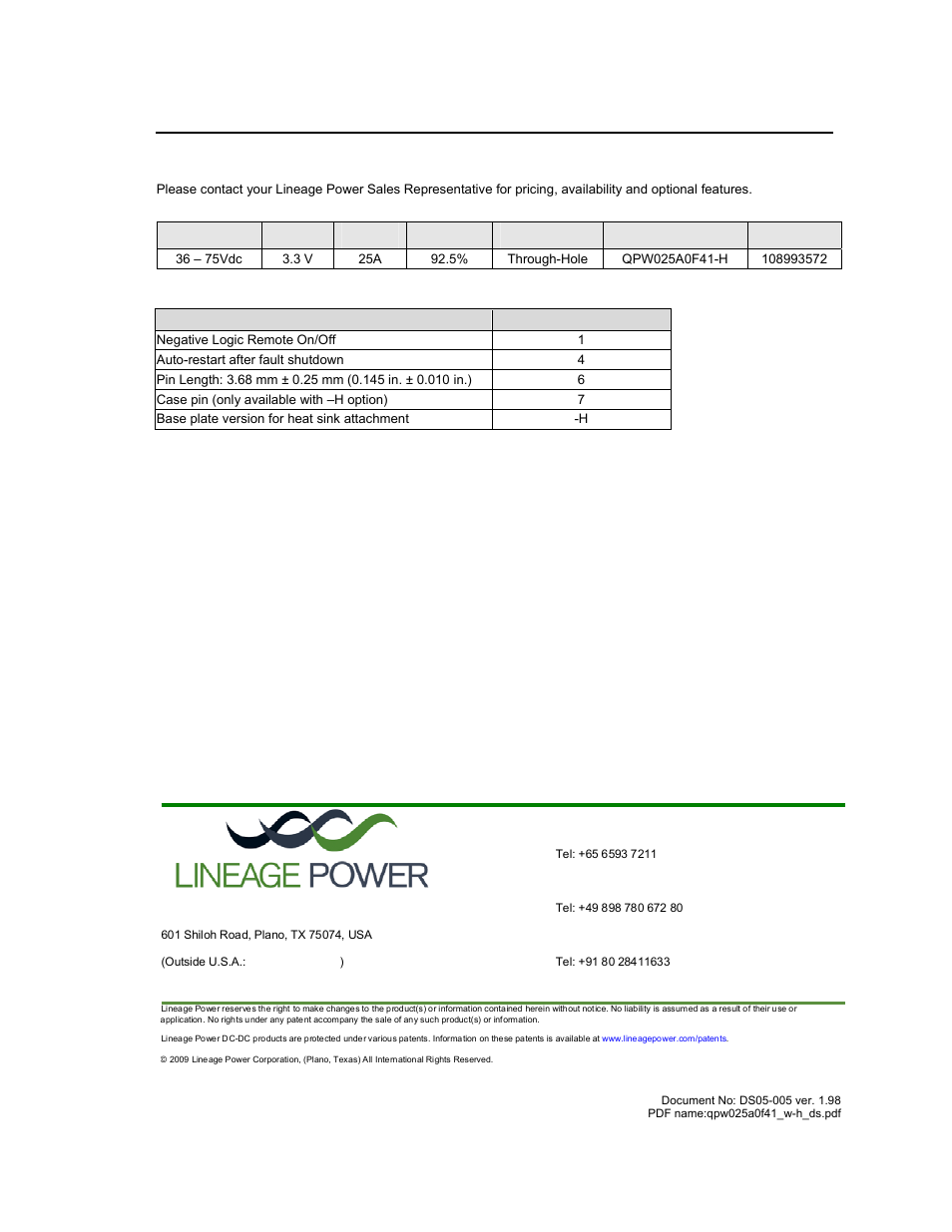 Ordering information | GE Industrial Solutions QPW025A0F41_H User Manual | Page 14 / 14