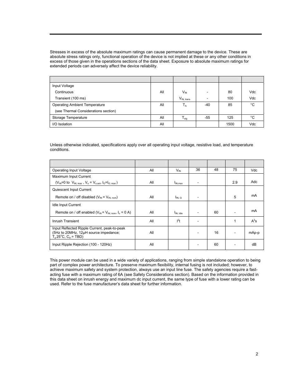 Absolute maximum ratings, Electrical specifications | GE Industrial Solutions QPW025A0F41_H User Manual | Page 2 / 14