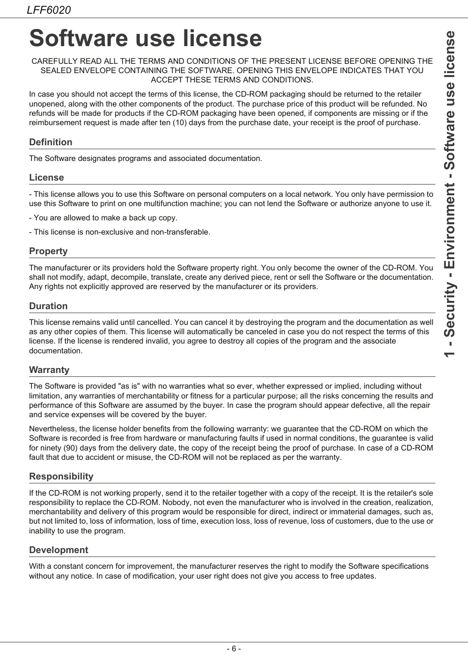 Software use license, Definition, License | Property, Duration, Warranty, Responsibility, Development, 1 - security - environment - software use license, Lff6020 | Philips LFF6020W User Manual | Page 10 / 56