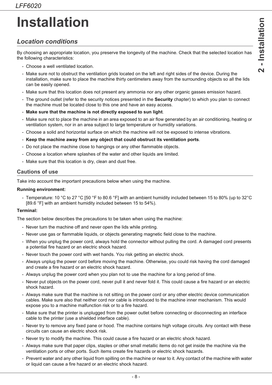 Installation, Location conditions, Cautions of use | Installation 8, 2 - installation, Lff6020 | Philips LFF6020W User Manual | Page 12 / 56