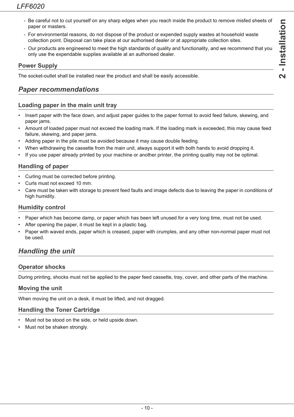 Power supply, Paper recommendations, Loading paper in the main unit tray | Handling of paper, Humidity control, Handling the unit, Operator shocks, Moving the unit, Handling the toner cartridge, 2 - installation | Philips LFF6020W User Manual | Page 14 / 56