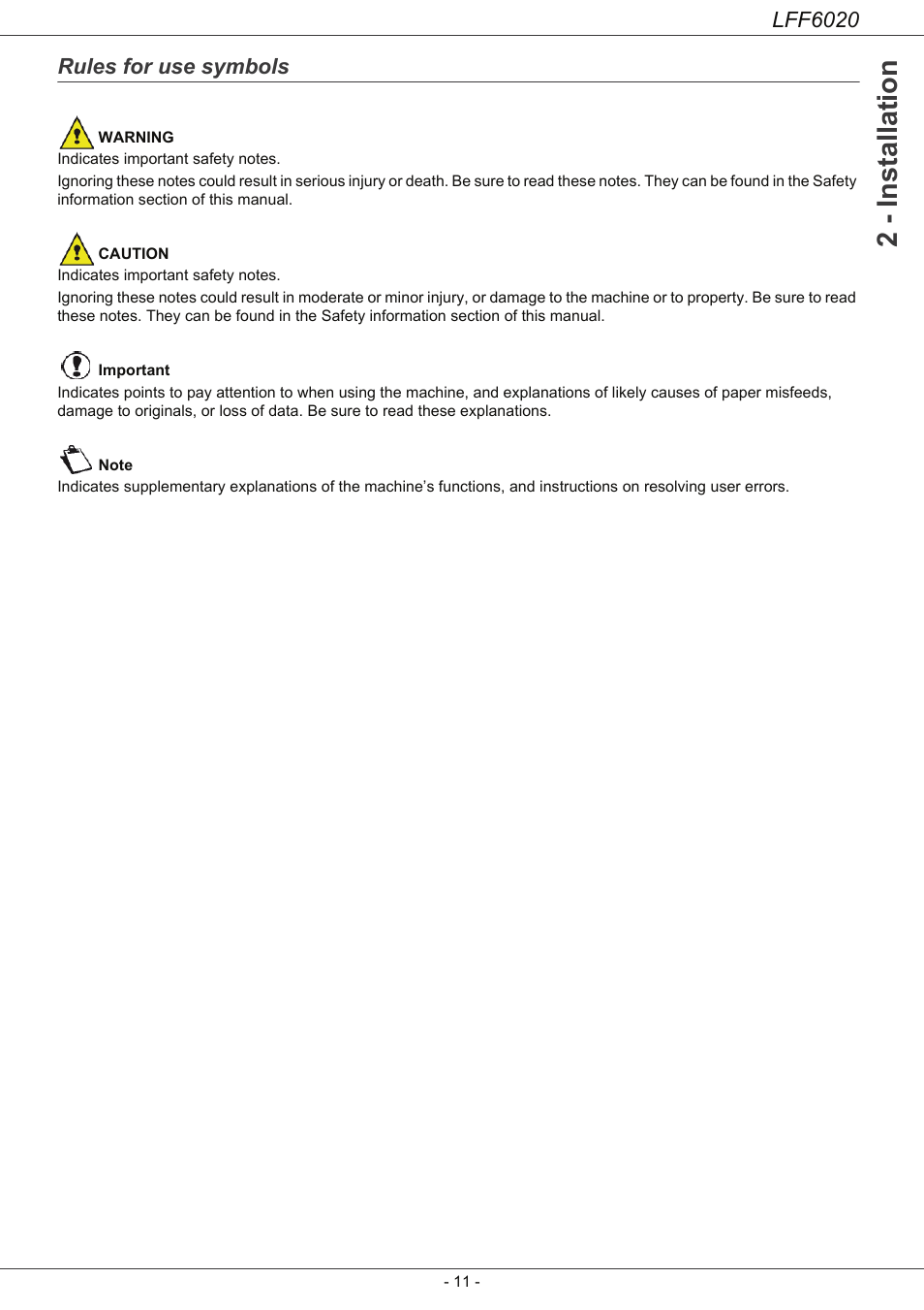 Rules for use symbols, 2 - installation, Lff6020 | Philips LFF6020W User Manual | Page 15 / 56