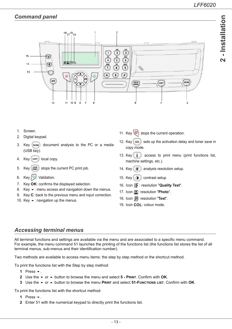 Command panel, Accessing terminal menus, 2 - installation | Lff6020, Command panel accessing terminal menus | Philips LFF6020W User Manual | Page 17 / 56