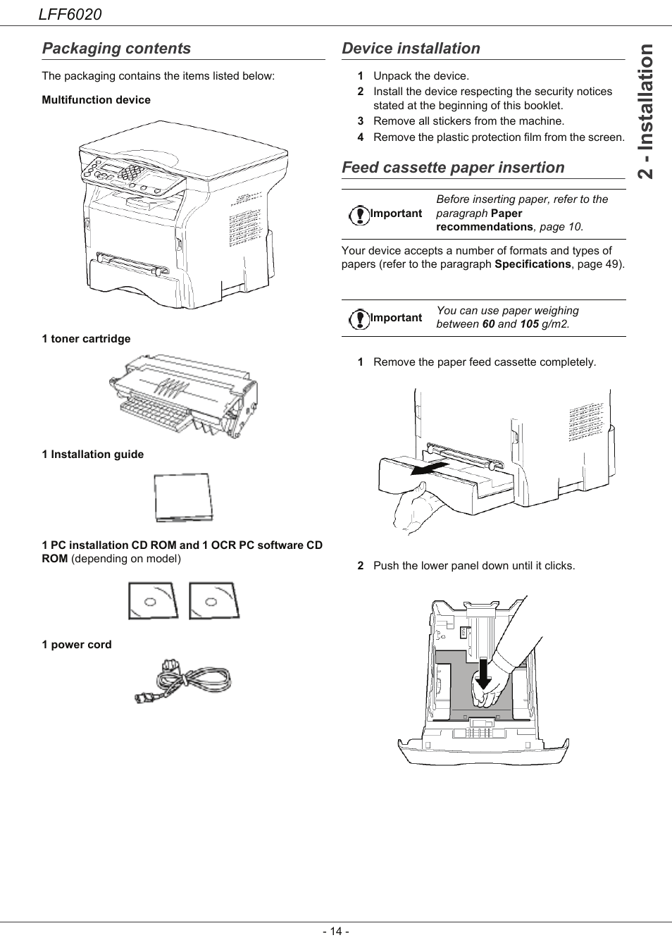 Packaging contents, Device installation, Feed cassette paper insertion | 2 - installation, Lff6020 | Philips LFF6020W User Manual | Page 18 / 56