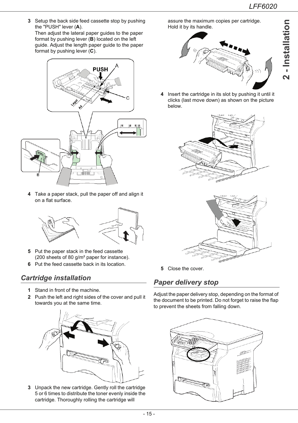 Cartridge installation, Paper delivery stop, 2 - installation | Lff6020 | Philips LFF6020W User Manual | Page 19 / 56