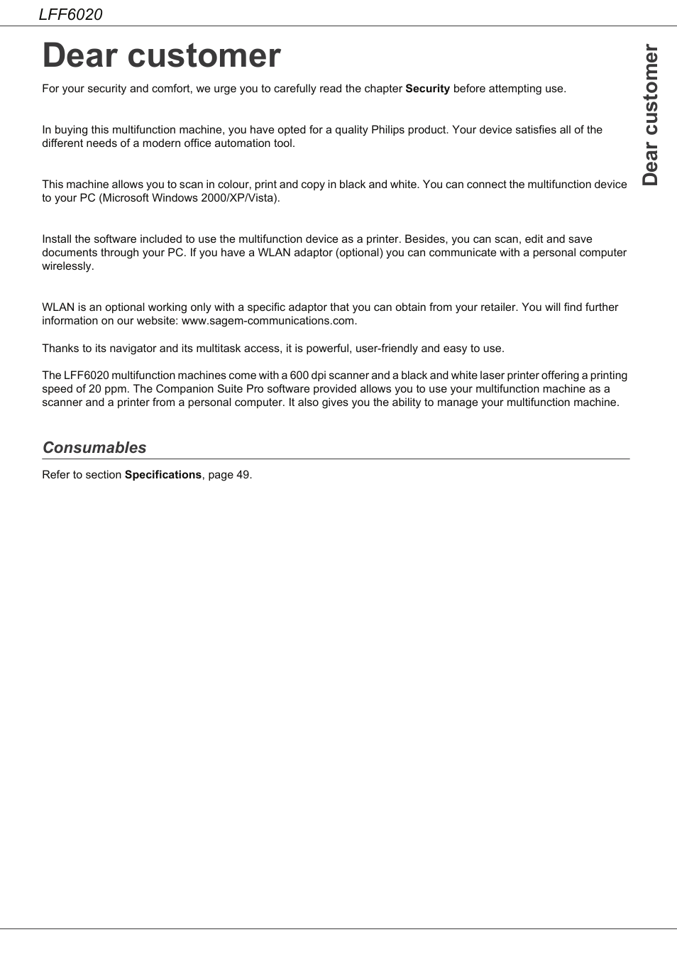 Dear customer, Consumables | Philips LFF6020W User Manual | Page 2 / 56