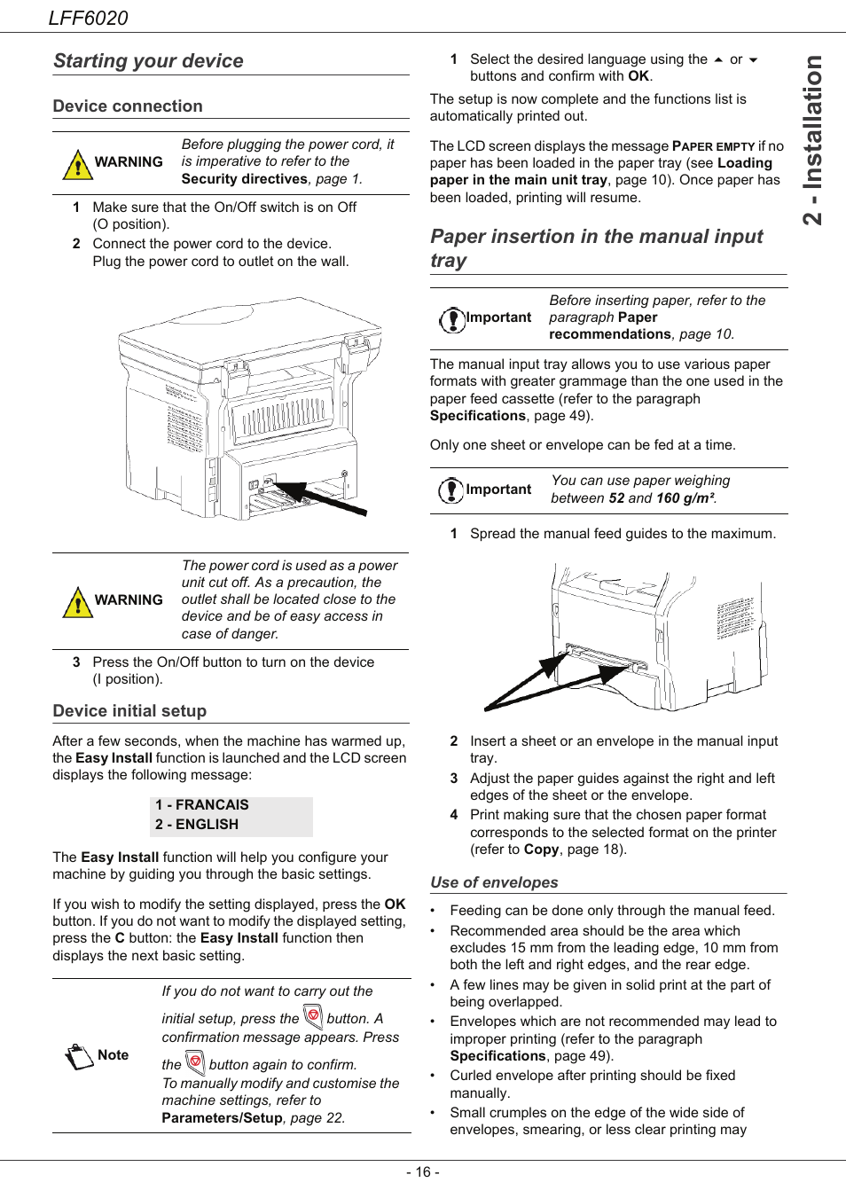 Starting your device, Device connection, Device initial setup | Paper insertion in the manual input tray, Use of envelopes, 2 - installation, Lff6020 | Philips LFF6020W User Manual | Page 20 / 56