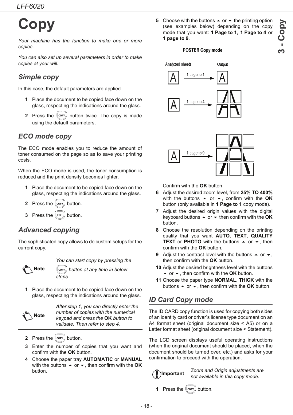 Copy, Simple copy, Eco mode copy | Advanced copying, Id card copy mode, Copy 18, 3 - co py, Lff6020 | Philips LFF6020W User Manual | Page 22 / 56