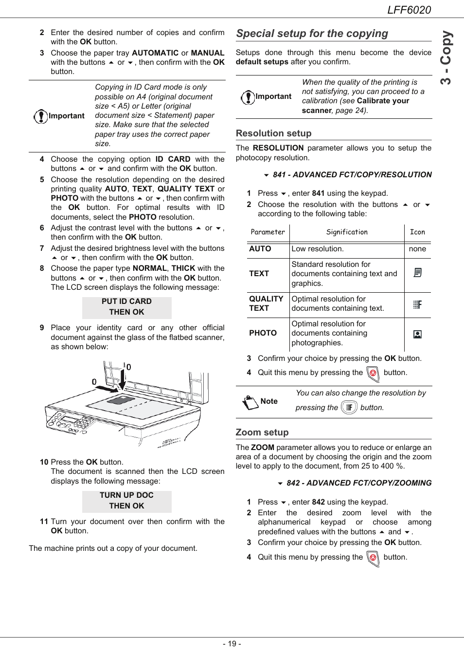 Special setup for the copying, Resolution setup, Zoom setup | 3 - co py, Lff6020 | Philips LFF6020W User Manual | Page 23 / 56