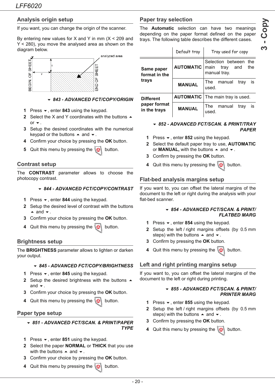 Analysis origin setup, Contrast setup, Brightness setup | Paper type setup, Paper tray selection, Flat-bed analysis margins setup, Left and right printing margins setup, 3 - co py, Lff6020 | Philips LFF6020W User Manual | Page 24 / 56