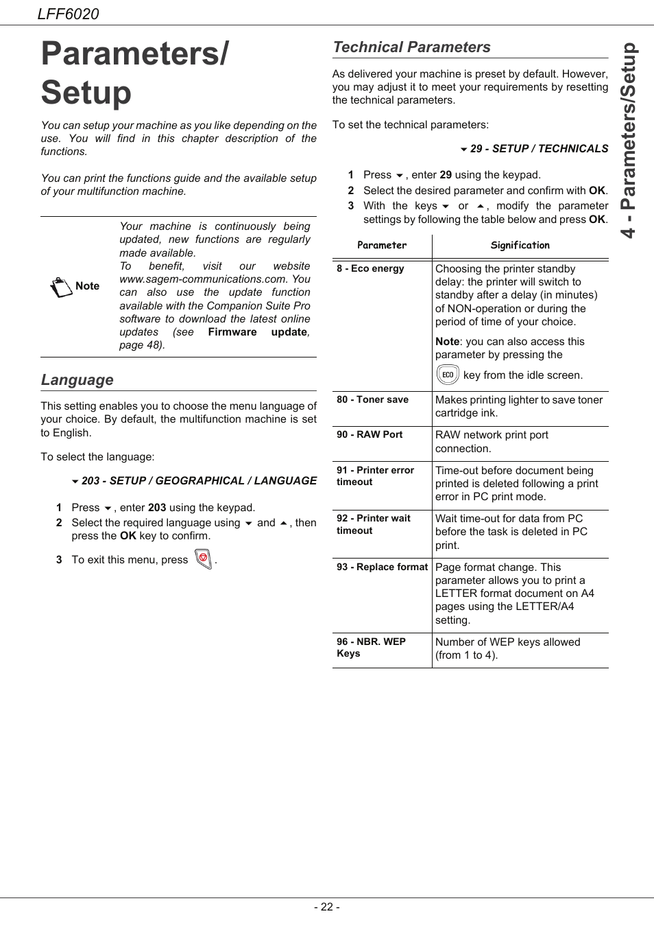 Parameters/ setup, Language, Technical parameters | Parameters/setup 22, Language 22 technical parameters, 4 - parameters/setup, Lff6020 | Philips LFF6020W User Manual | Page 26 / 56