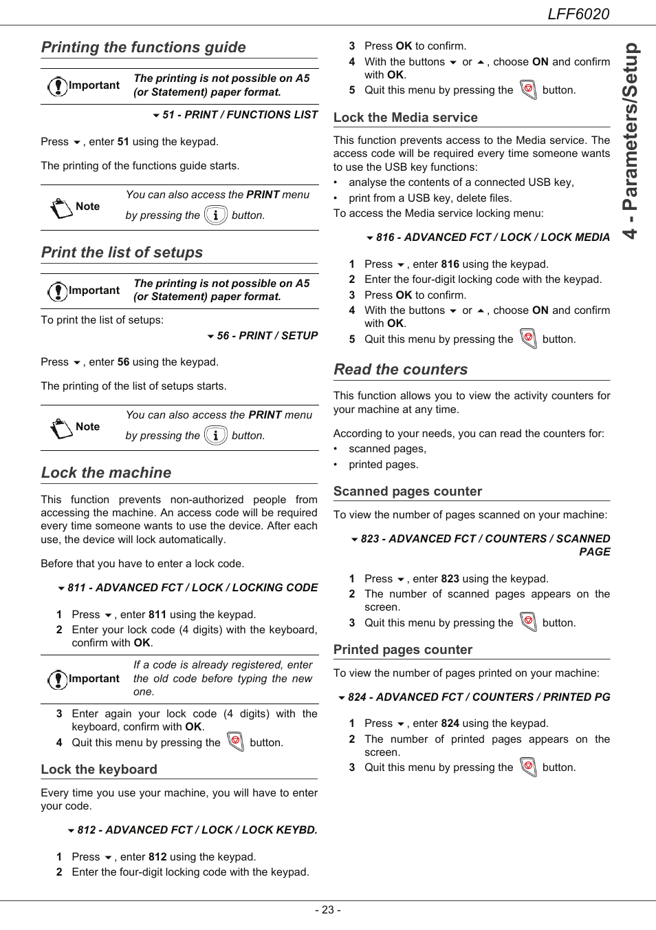 Printing the functions guide, Print the list of setups, Lock the machine | Lock the keyboard, Lock the media service, Read the counters, 4 - parameters/setup, Lff6020 | Philips LFF6020W User Manual | Page 27 / 56