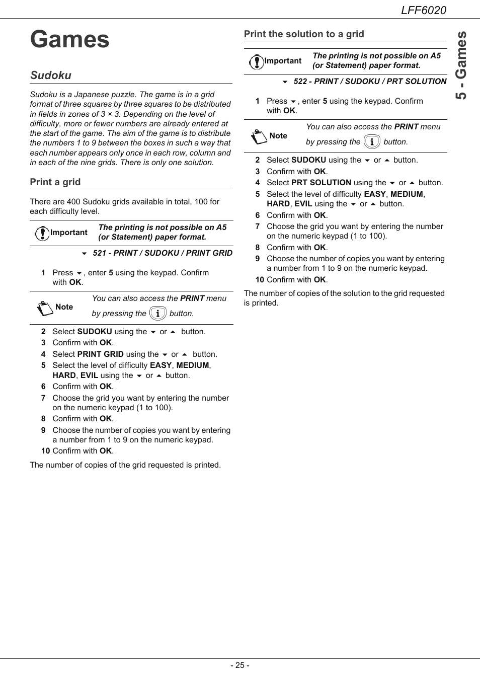 Games, Sudoku, Print a grid | Print the solution to a grid, Games 25, Sudoku 25, 5 - games, Lff6020 | Philips LFF6020W User Manual | Page 29 / 56