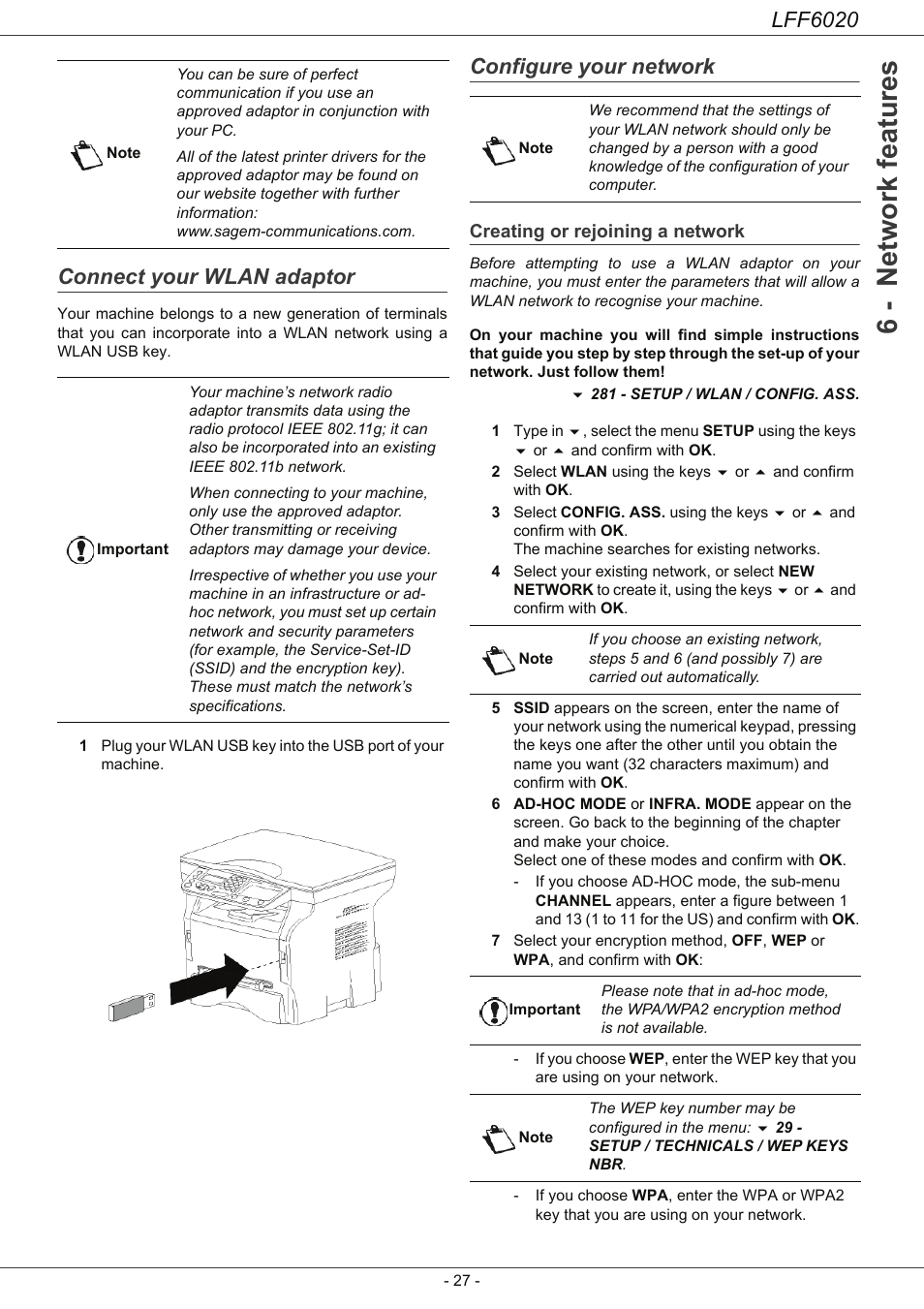 Connect your wlan adaptor, Configure your network, Creating or rejoining a network | 6 - network features, Lff6020 | Philips LFF6020W User Manual | Page 31 / 56