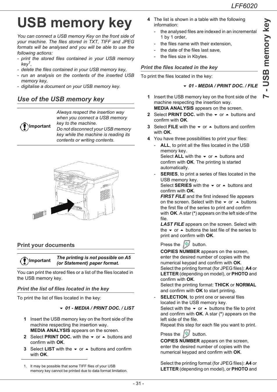 Usb memory key, Use of the usb memory key, Print your documents | Print the list of files located in the key, Print the files located in the key, Lff6020 | Philips LFF6020W User Manual | Page 35 / 56