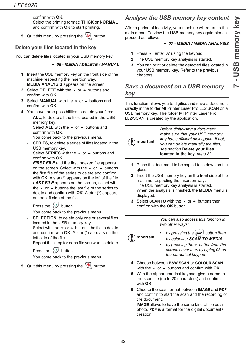 Delete your files located in the key, Analyse the usb memory key content, Save a document on a usb memory key | Lff6020 | Philips LFF6020W User Manual | Page 36 / 56